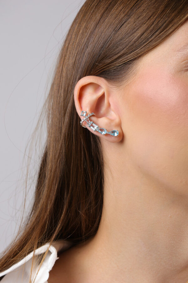 Brinco Ear Cuff Água Marinha Cristal | Prata 925