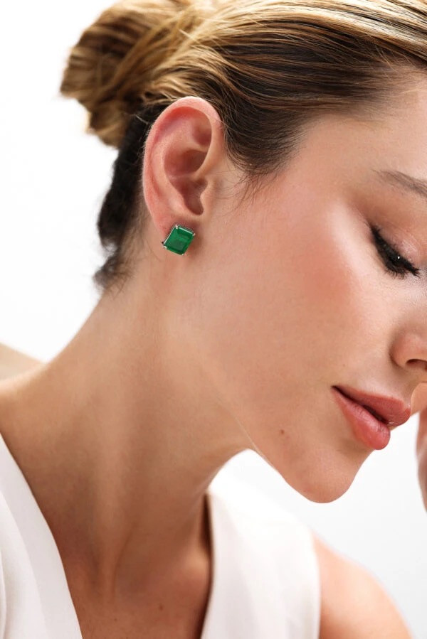 Brinco Retangular Esmeralda | Ródio