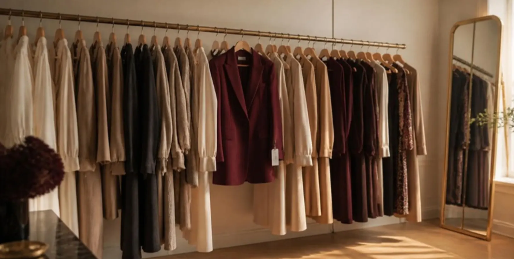 Uma arara de closet cheia de roupas femininas em tons neutros e vinho. No centro, um blazer vinho ainda com a etiqueta de preço; à direita, um espelho de moldura dourada.